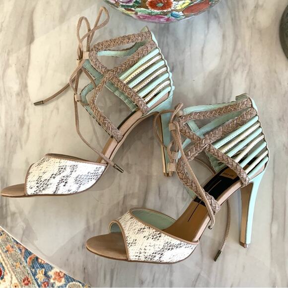 Dolce Vita Hexen Mint & Tan Lace Up Caged Animal Print Snakeskin Heels - Picture 3 of 12